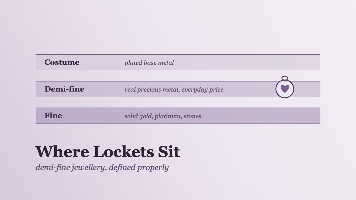 Diagram of three jewellery tiers, costume, demi-fine and fine, with a heart locket icon marking the demi-fine band between plated costume pieces and solid gold
