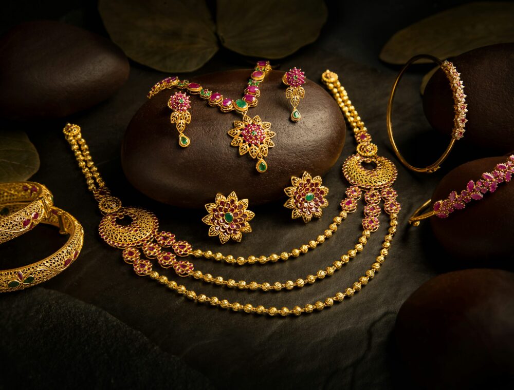 Layered jewellery arranged as an editorial object study